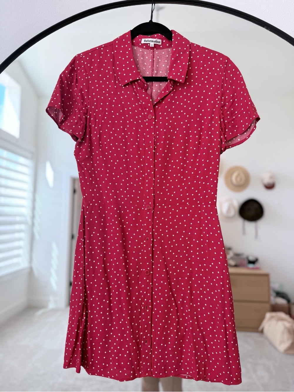 Reformation Cherry Red Polka Dot Button-Front Dress
